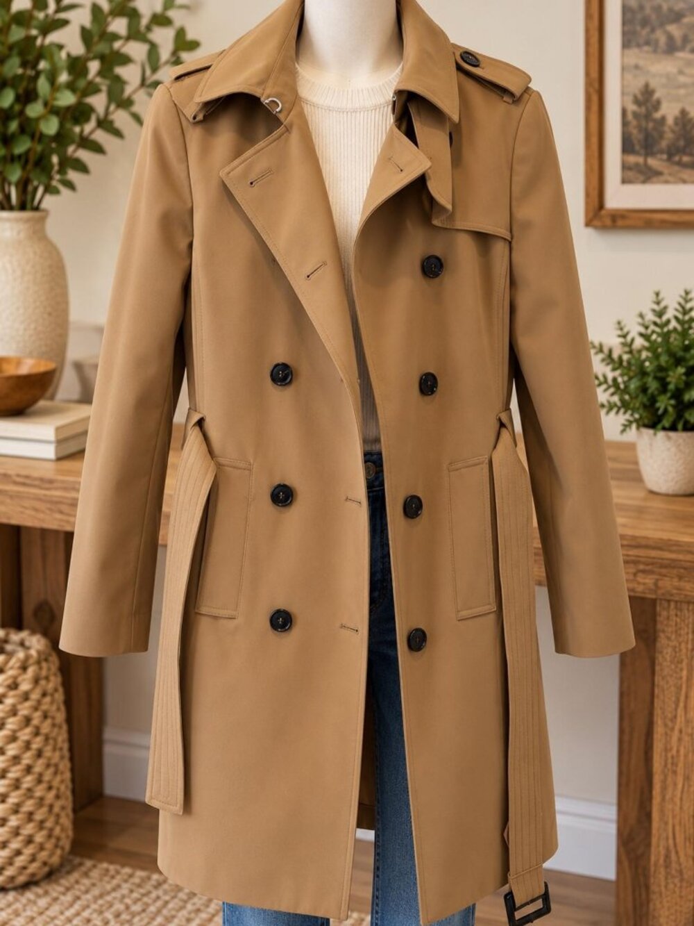 H&M Camel Tan Trench Coat XS Double Breasted Belted Oversized New